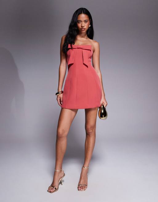 Forever New bow woven structured mini dress in mineral red, 2 of 4