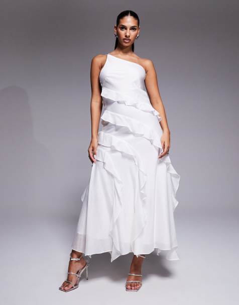 Forever New Bridal chiffon one shoulder ruffle maxi dress in ivory