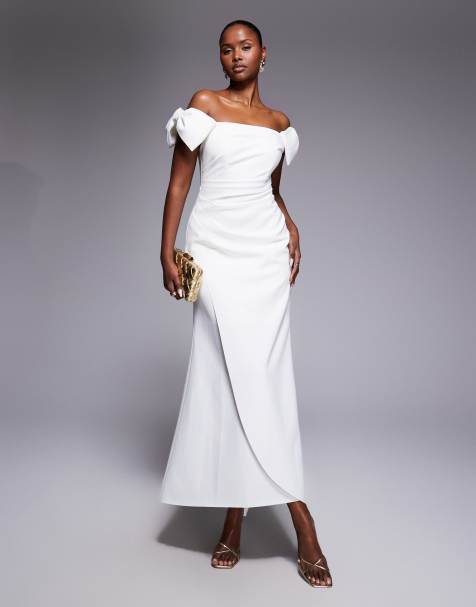 Forever New – Bridal – Gerafftes Maxi-Brautkleid in Weiß mit Carmen-Ausschnitt - view 1