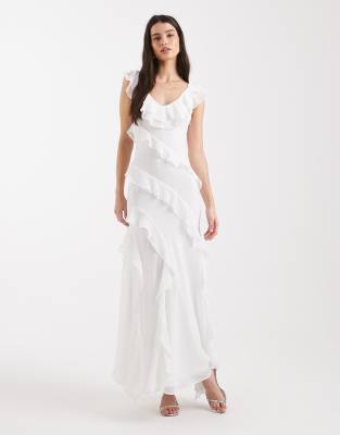 Forever New - Bridal - Maxikleid aus Chiffon in Elfenbein mit V-Ausschnitt und Rüschen-Weiß