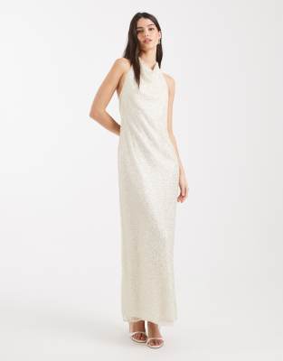 Forever New - Bridal - Neckholder-Maxikleid in Elfenbeinweiß mit hohem Wasserfallausschnitt