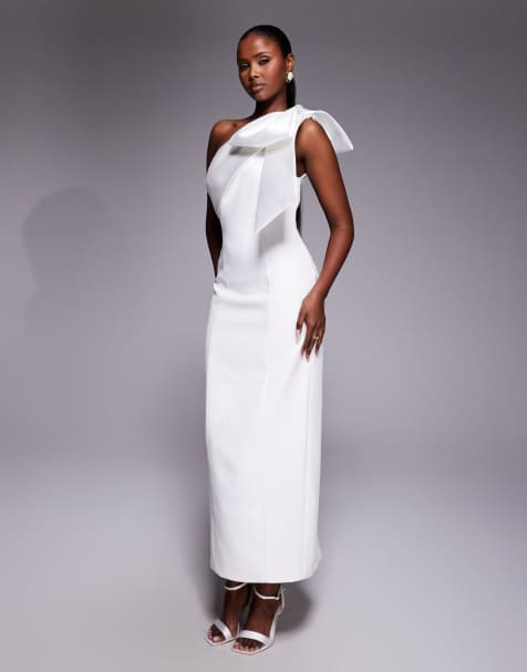 Forever New Bridal one shoulder bow midi pencil dress in white - view 1
