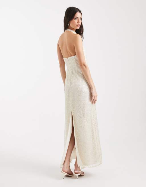 Forever New Bridal sequin high cowl halter neck maxi dress in ivory, 2 of 4