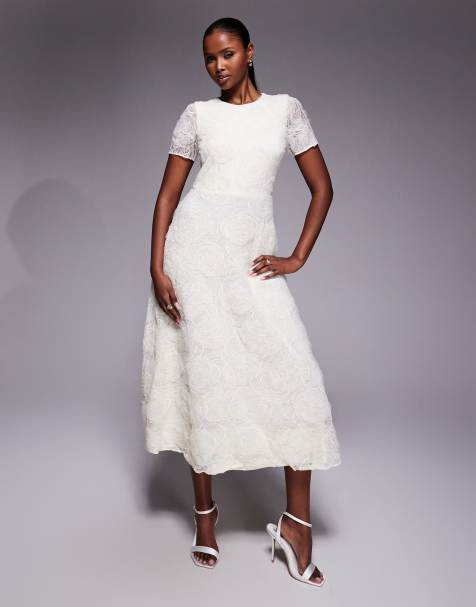 Forever New Bridal - Vestito da sposa con gonna al polpaccio in pizzo crema testurizzato con roselline 3D - view 1