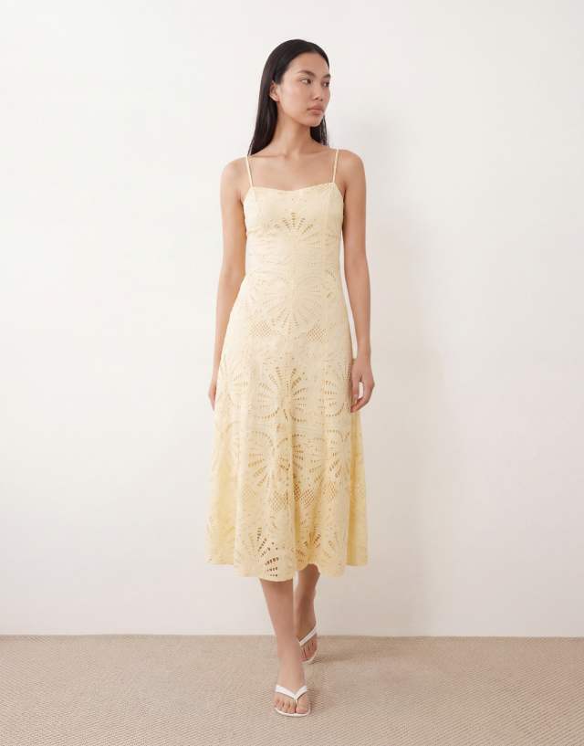 Forever New broderie cami corset detail skater midi dress in lemon