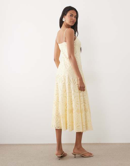 Forever New broderie cami corset detail skater midi dress in lemon | ASOS