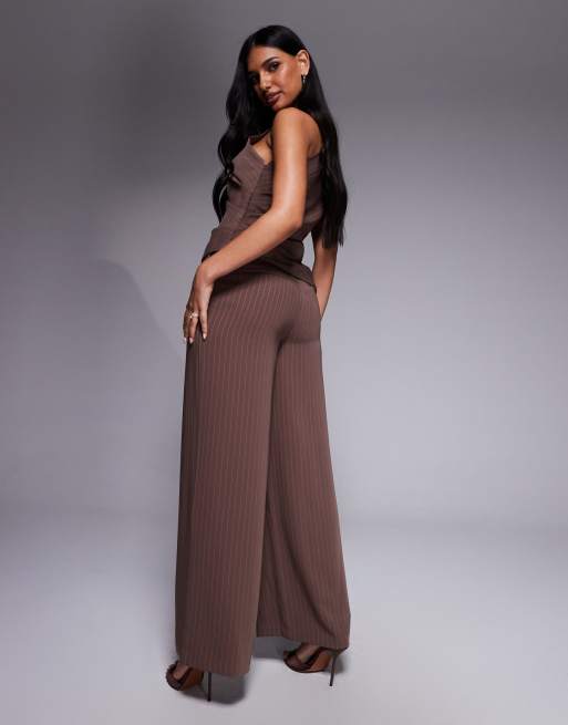 Forever New – Bruna, kritstrecksrandiga byxor med vida ben, del av set, 3 av 5