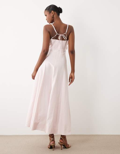 Forever New bubble cami strap oversized flower detail midi dress in soft pink, 4 of 4