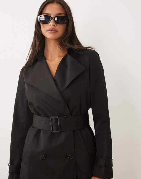 Forever New button down tie detail trench coat in black - view 1