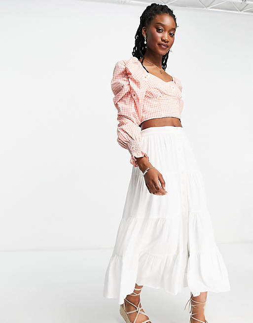 Forever New button down tiered cotton poplin midi skirt in white