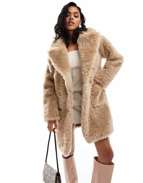 Forever New button up faux fur coat in light brown - view 1