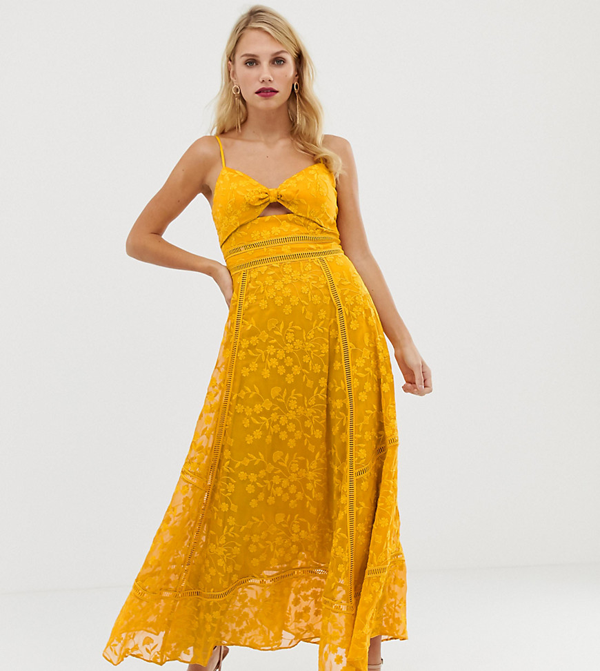 Forever New cami strap midi lace dress with tie front in yellow
