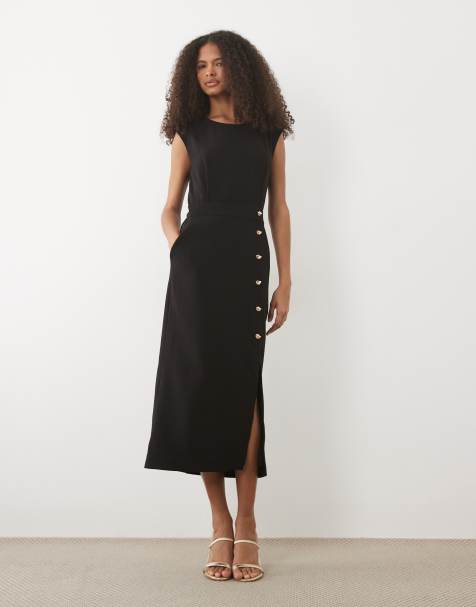 Forever New cap sleeve button down midi dress in black - view 1
