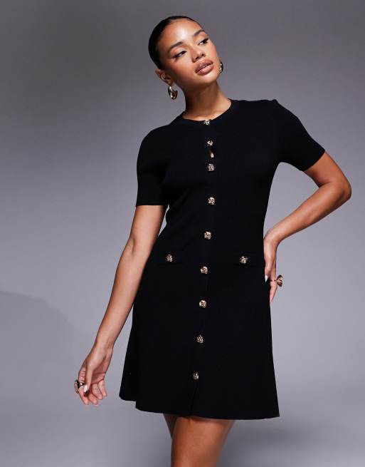 Forever New cap sleeve knitted mini dress with gold buttons in black | ASOS