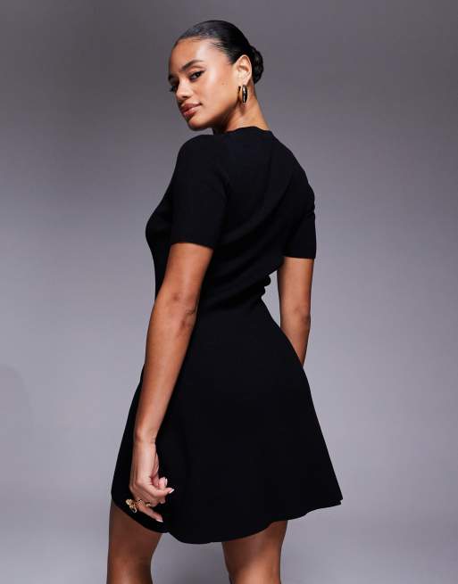 Forever New cap sleeve knitted mini dress with gold buttons in black | ASOS