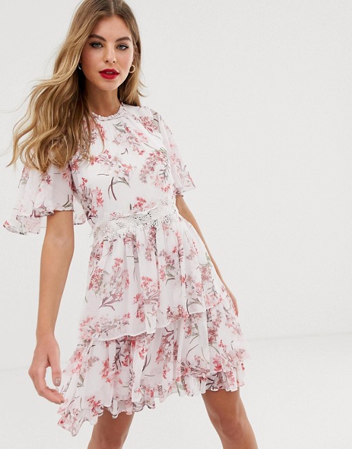 Forever New cape sleeve tiered mini skater dress in floral print