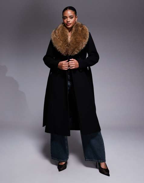 Forever New - Cappotto elegante in misto lana nero e cammello con colletto rimovibile in pelliccia sintetica a contrasto - view 1