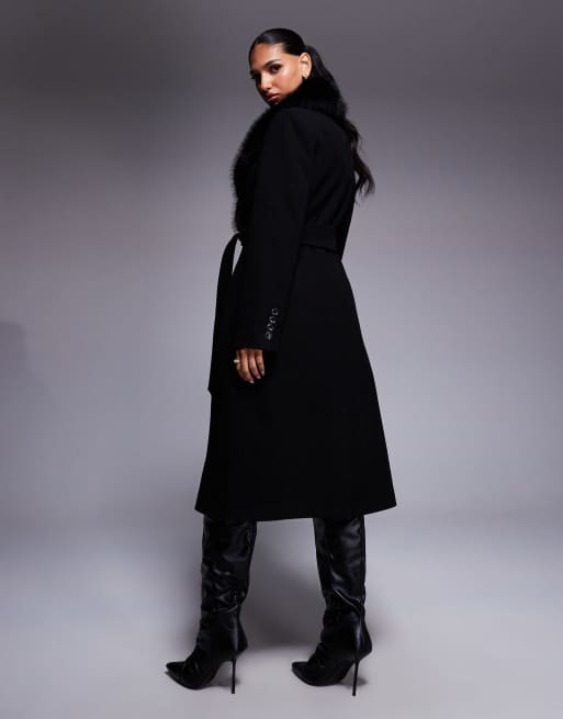 Forever New - Cappotto in pelliccia sintetica nero con colletto, 3 di 4