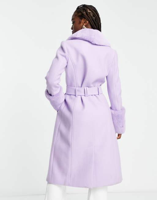 Forever New - Cappotto lilla con polsini e colletto in pelliccia sintetica, 3 di 4