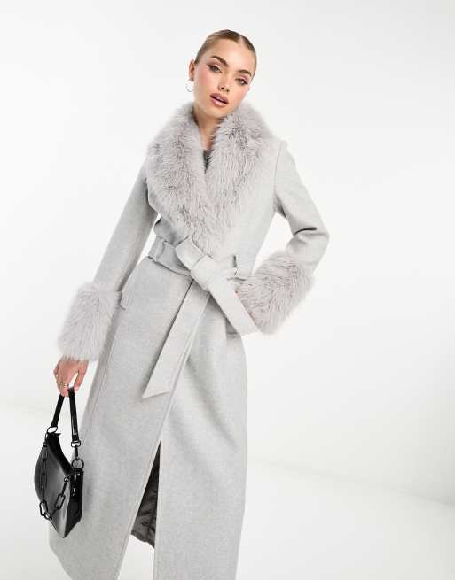 Forever New Cappotto lungo in pelliccia sintetica grigio chiaro