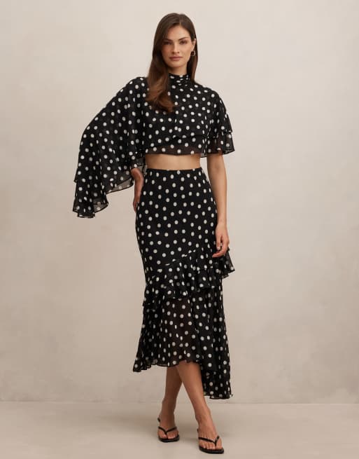 Forever New chiffon asymmetric crop top in mono polka dot (part of a set), 2 of 4
