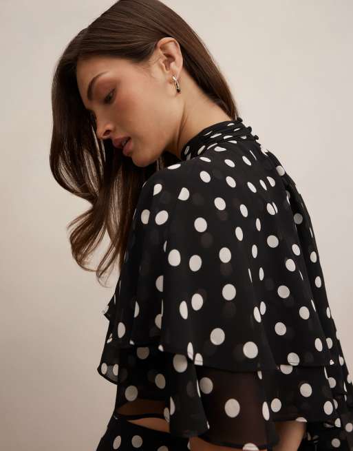 Forever New chiffon asymmetric crop top in mono polka dot (part of a set), 3 of 4
