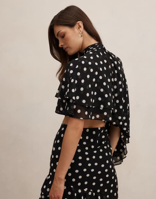 Forever New chiffon asymmetric crop top in mono polka dot (part of a set), 4 of 4