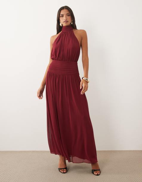 Forever New chiffon blouson halter neck maxi dress in raspberry - view 1