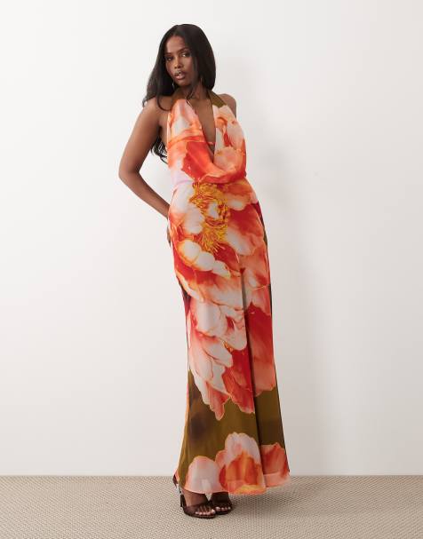 Forever New chiffon cowl neck low back maxi dress in olive floral - view 1