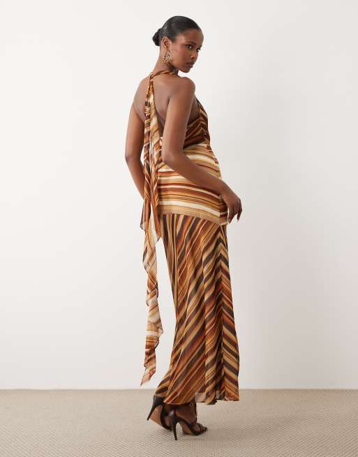 Forever New chiffon halter neck maxi dress in brown stripe , 4 of 4