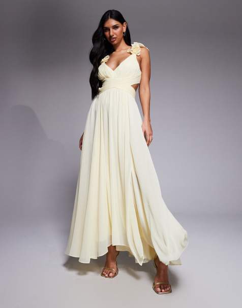 Forever New chiffon ruffle shoulder maxi dress in lemon - view 1