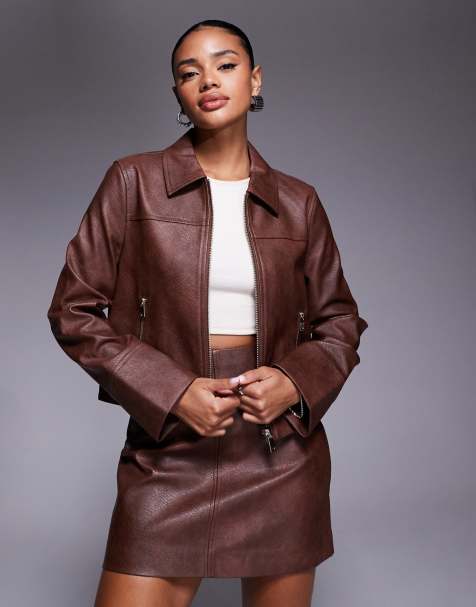 Forever New PU jacket co-ord in walnut
