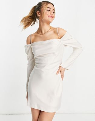 Forever New cold shoulder drape satin mini dress in winter white - ASOS Price Checker