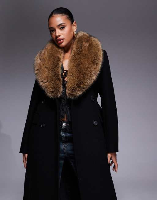 Forever New contrast detachable faux fur collar formal wool blend coat in black and camel, 2 of 4