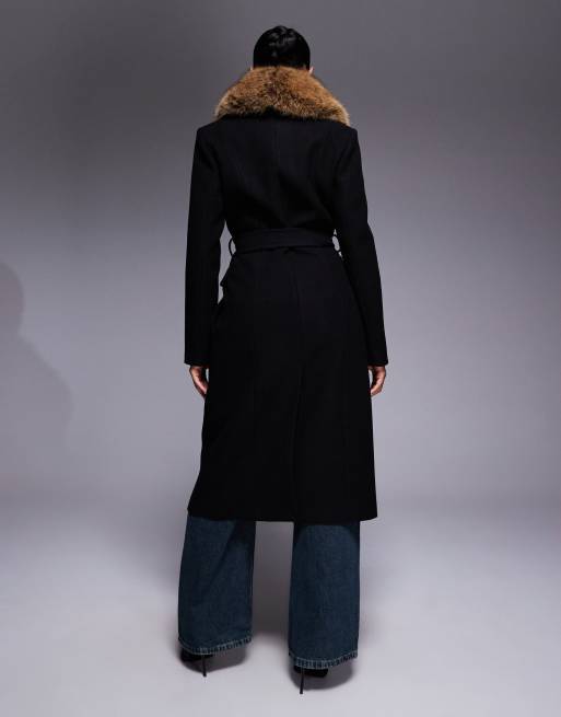 Forever New contrast detachable faux fur collar formal wool blend coat in black and camel, 3 of 4