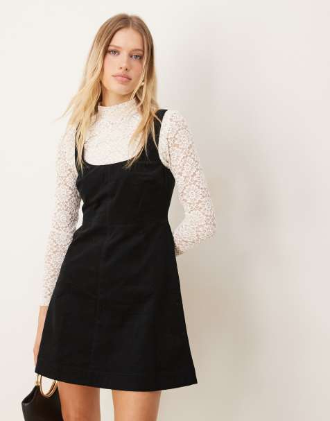 Forever New contrast lace pinafore mini dress in black - view 1