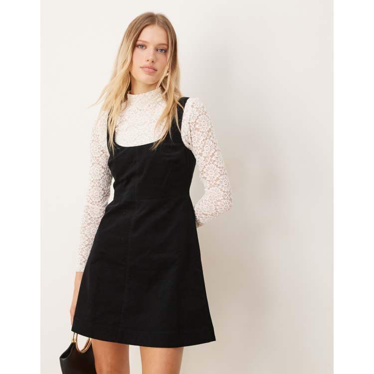 Forever New contrast lace pinafore mini dress in black | ASOS
