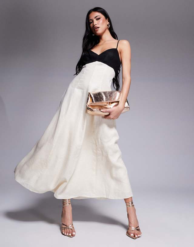 cream and black long dress Forever New contrast linen midaxi in The iconic little black Two Tone Dresses Heels Crafted in fluid charmeuse Color:Light Blue & Burgundy & White