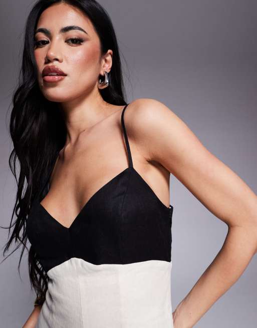 Forever New contrast linen midaxi dress in black and cream, 3 of 4
