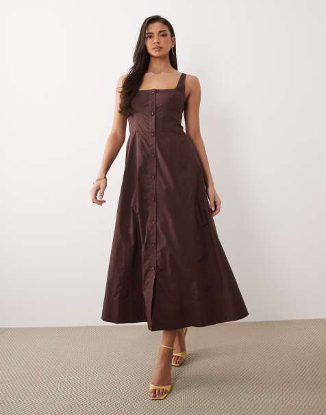 Forever New corset detail button down skater midi dress in brown - view 1