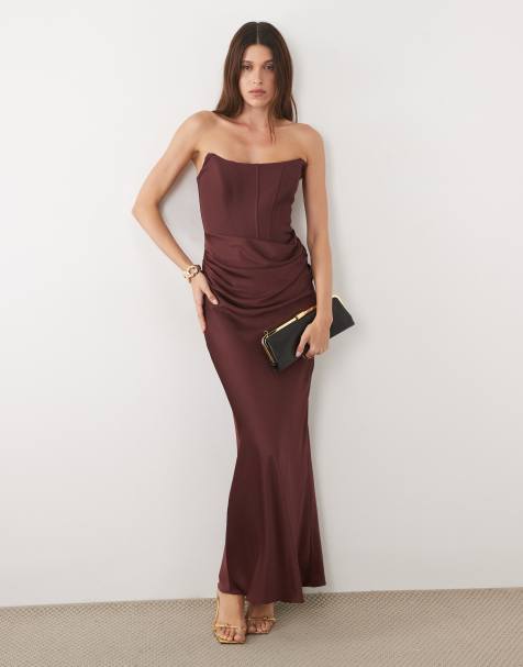 Forever New corset drape strapless maxi dress in burgundy - view 1
