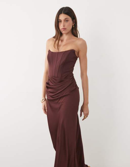 Forever New corset drape strapless maxi dress in burgundy, 3 of 4