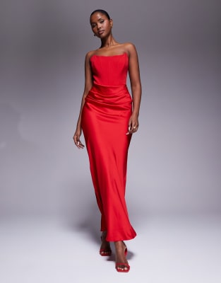 Forever New Forever New corset drape strapless maxi dress in red