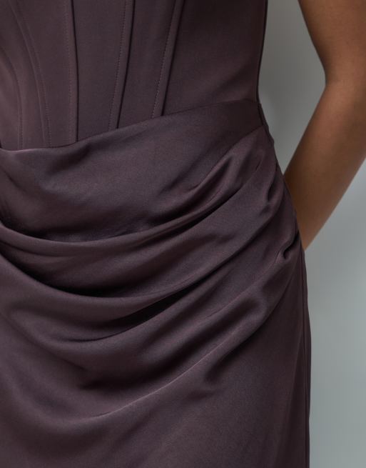 Forever New corset satijnen mini jurk met drapering in donkerbruin, 3 van 5