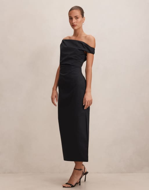 Forever New cotton fallen shoulder linen look midi dress in black, 3 of 4
