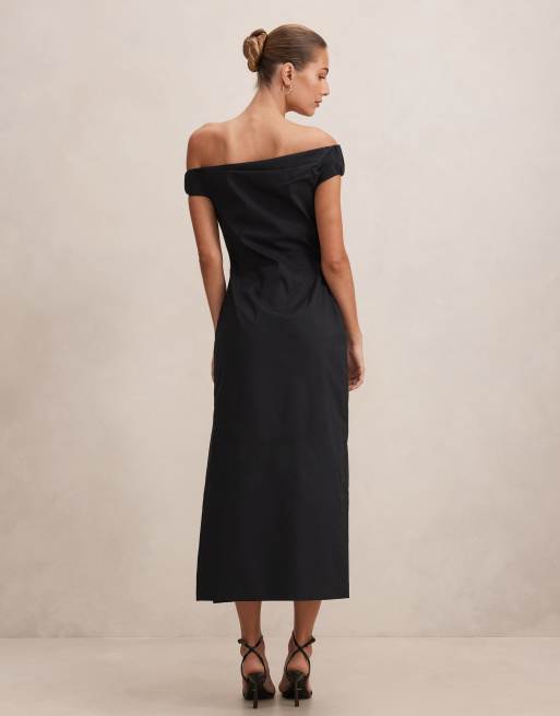 Forever New cotton fallen shoulder linen look midi dress in black, 4 of 4