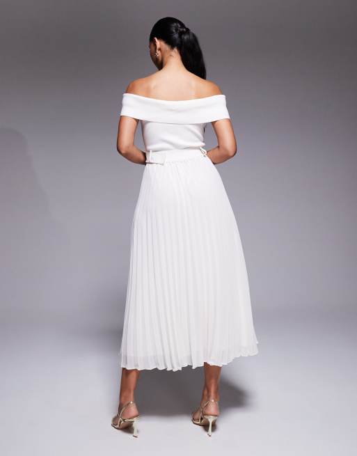 Forever New - Cremehvid midi-kjole i strik med offshoulder-snit og bælte, 4 af 4