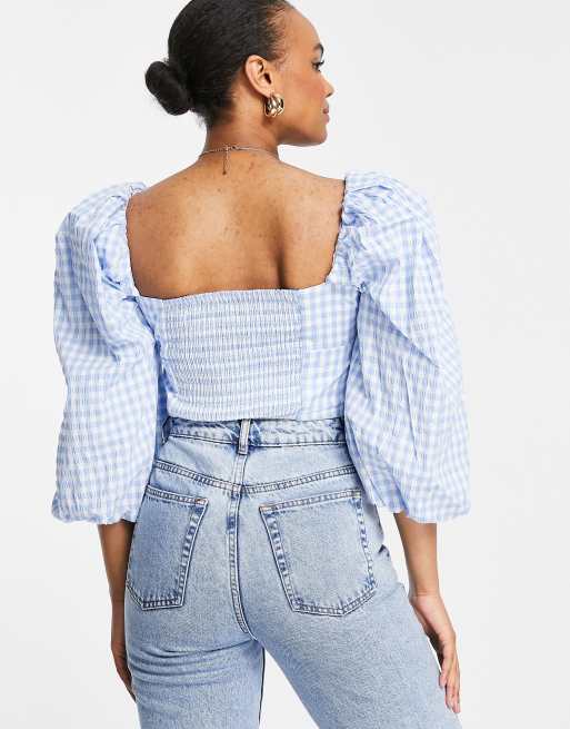 Forever New - Crop top à manches ballon et carreaux vichy - Bleu pastel, 2 de 4