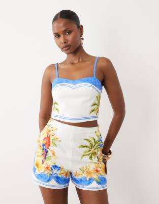 Cropped-Camisole aus Leinenmix in Weiß mit Urlaubsmotiv, Kombiteil-Mehrfarbig Mehrfarbig 42