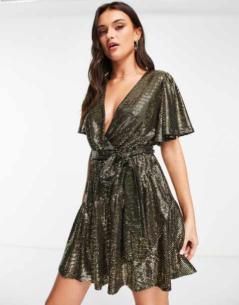 Forever New cross front sequin mini dress in gold - view 1